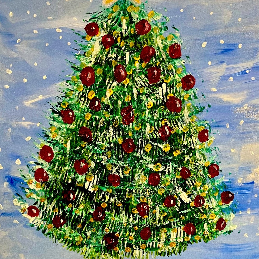 “Christmas in July” is a signed original acrylic painting on a canvas board.